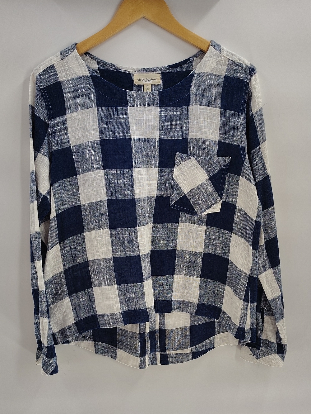 Cloth & Stone Anthropologie Top Size Medium Blue White Gingham Check Long sleeve
